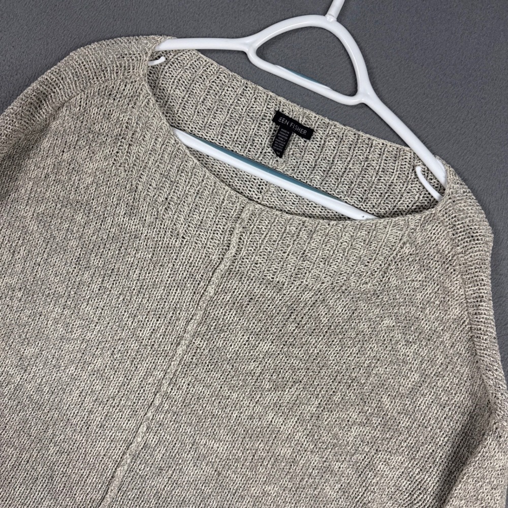 Eileen Fisher Sweater Womens Medium Beige Silk Blend Boxy Boat Neck Marled Knit
